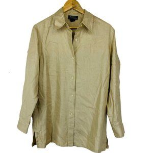 Lauren Ralph Lauren Khaki Beige Button Down 100% Linen Shirt Large Roll Tab